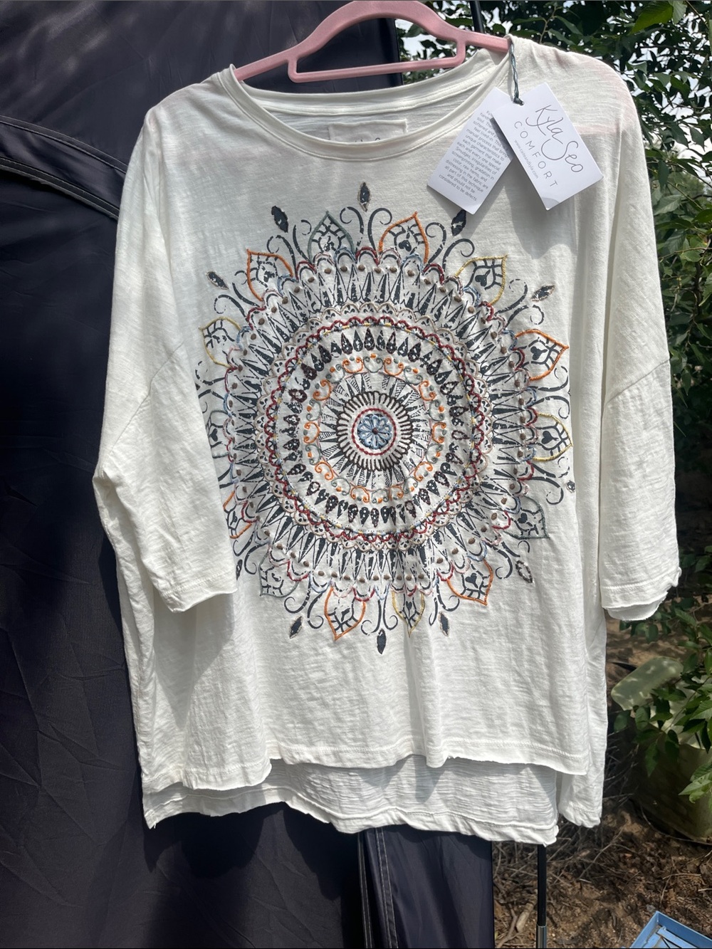 KiySeo Comfort Cream Long-Sleeve Mandala Graphic Tee